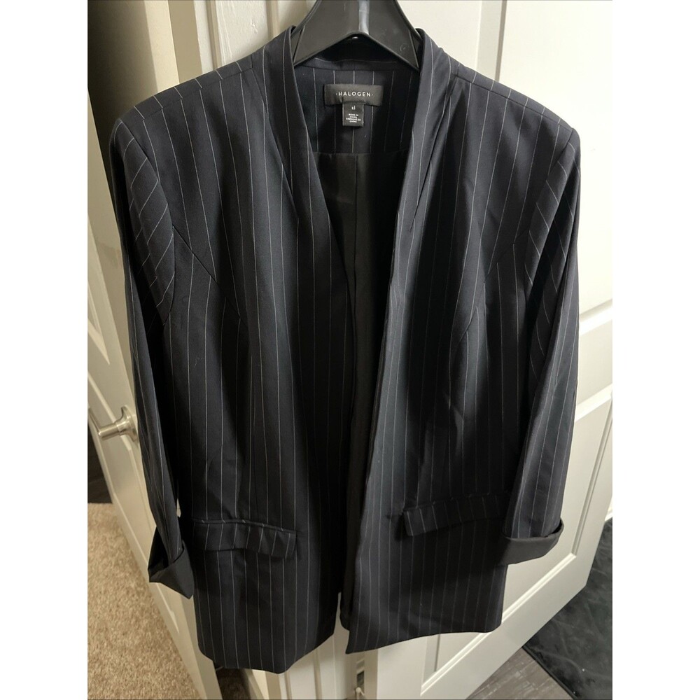 Halogen Women’s Blazer Black And white Striped Open Faux Pockets Size L